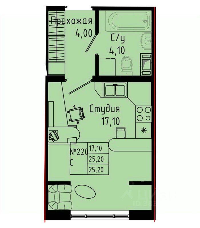 Планировка 1 комнатной квартиры, 25.2 м², в «Pixel»
