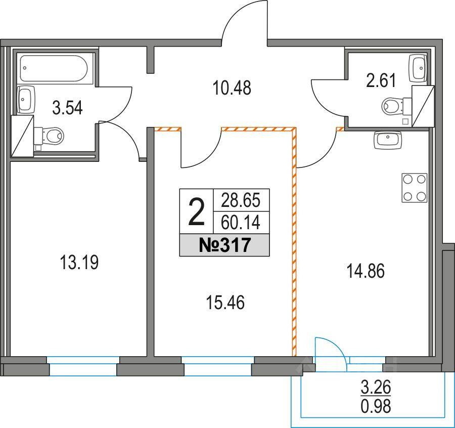 2-комн. квартира, 59,9 м², в ЖК Приморский квартал