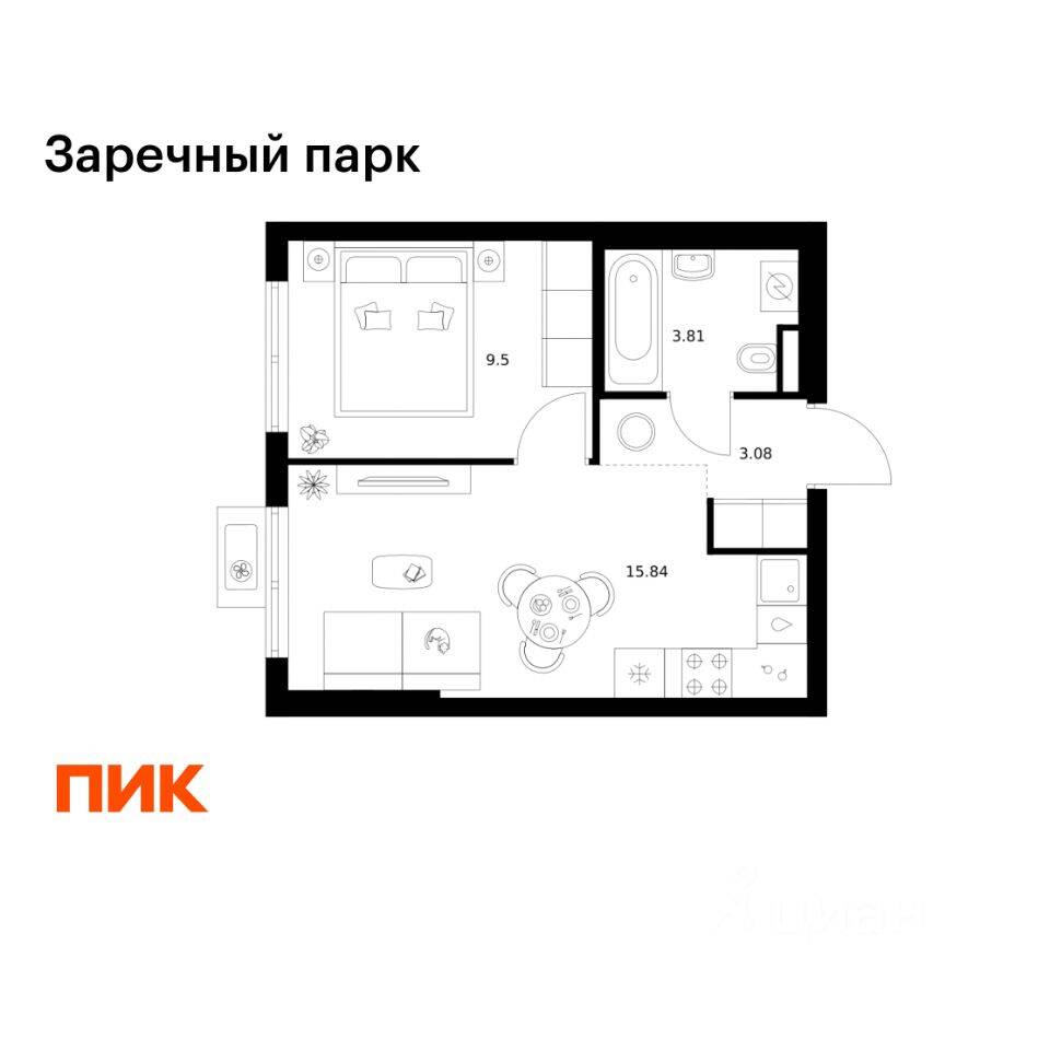 Планировка 1 комнатной квартиры, 32.23 м², в «Заречный парк»