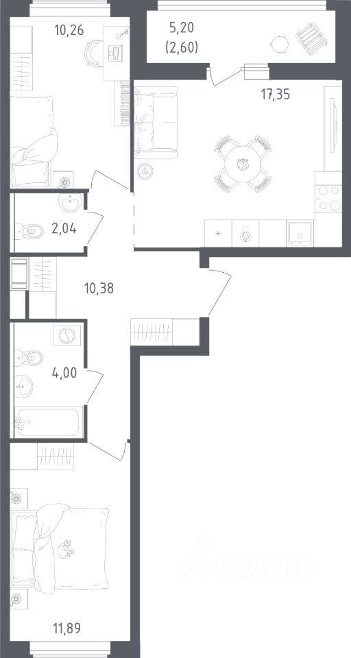 2-комн. квартира, 58,52 м², в ЖК Южная Нева