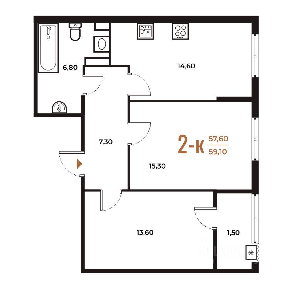 2-комн. квартира, 59 м², в ЖК Новое Летово