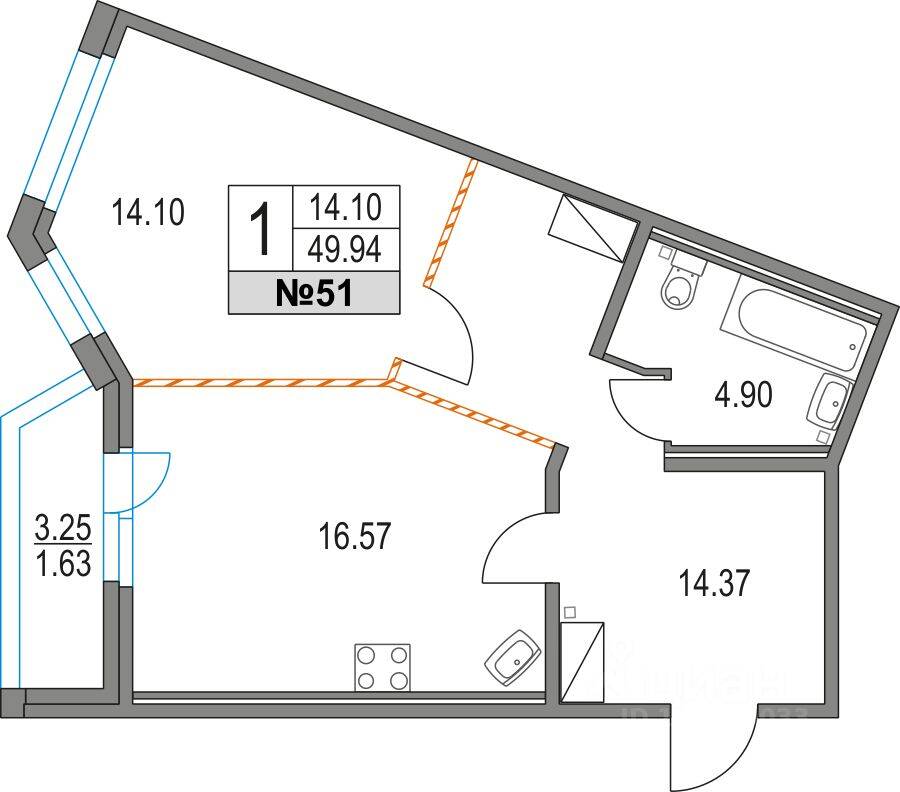 Планировка 1 комнатной квартиры, 50 м², в «Приморский квартал»