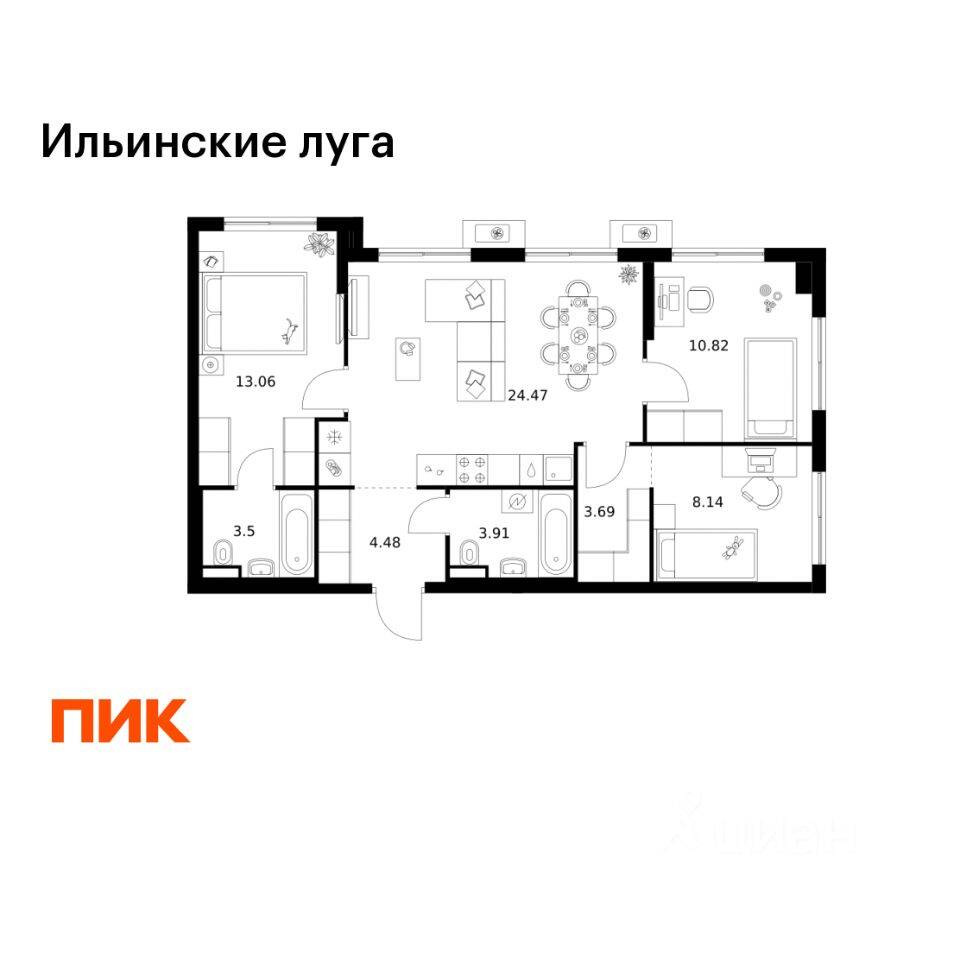 3-комн. квартира, 72,07 м², в ЖК «Ильинские луга»