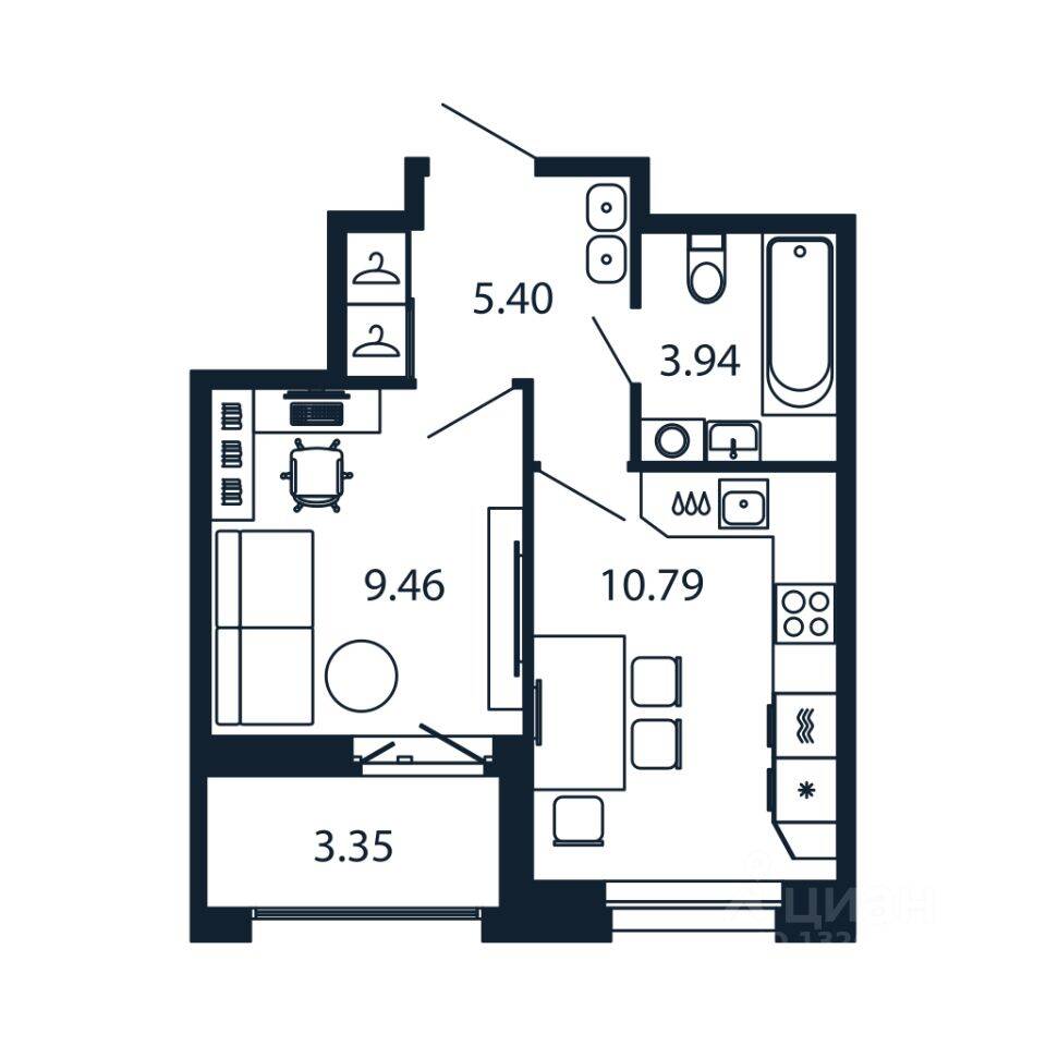 Планировка 1 комнатной квартиры, 29.1 м², в «Полис Новоселье»