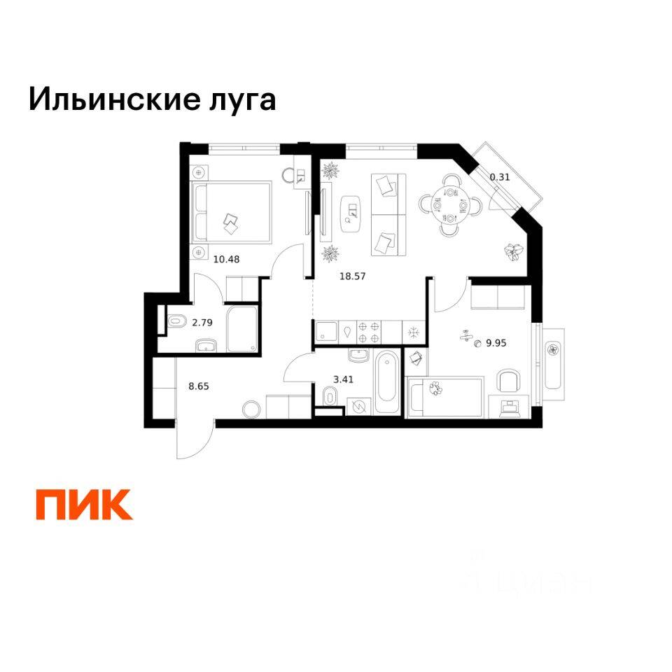 2-комн. квартира, 54,16 м², в ЖК «Ильинские луга»