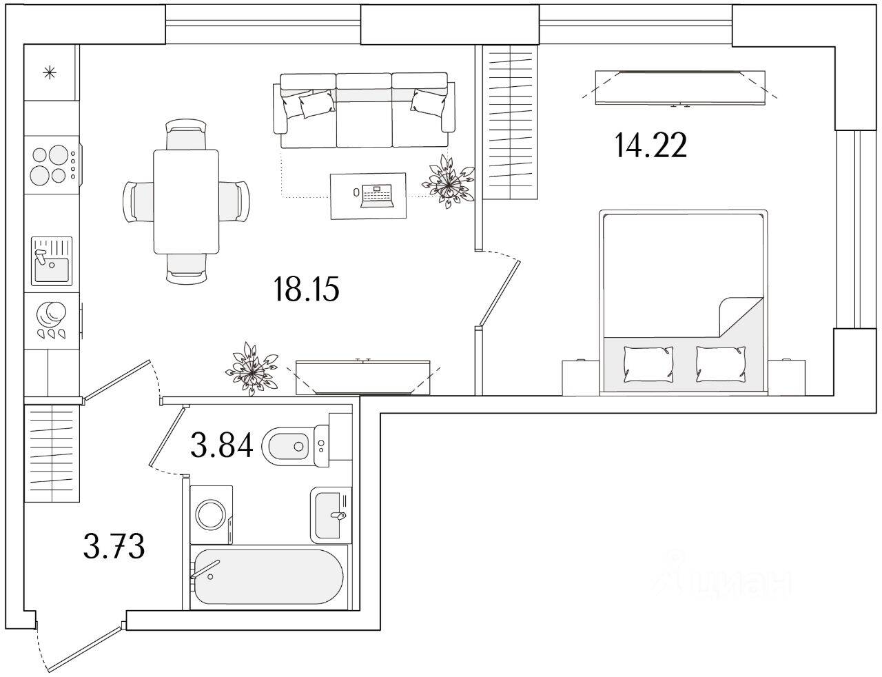 1-комн. квартира, 39,94 м², в ЖК «Аурум»