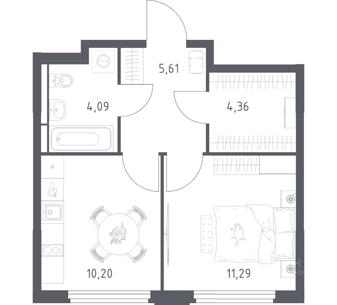 1-комн. квартира, 35,55 м², в ЖК Космический Квартал