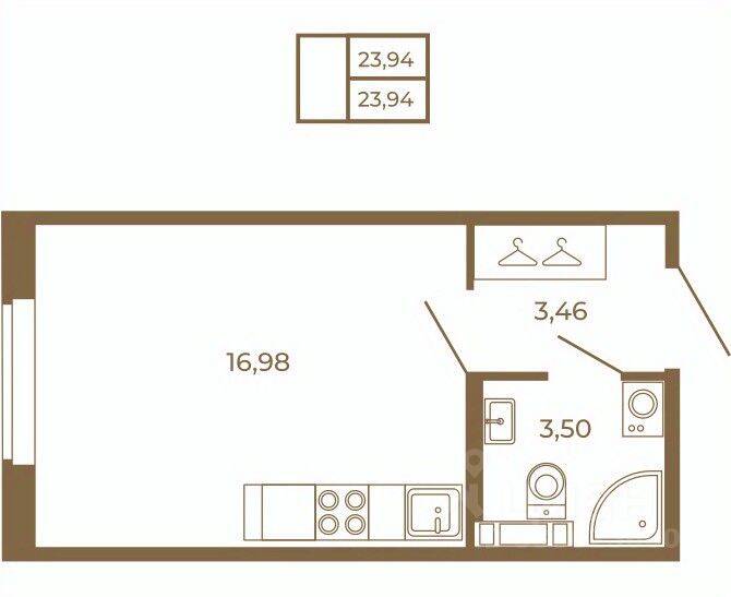 Планировка 1 комнатной квартиры, 23.94 м², в «Новая история»