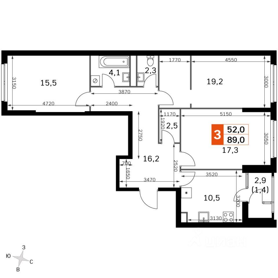 3-комн. квартира, 87,9 м², в ЖК Sky Garden