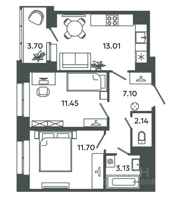 2-комн. квартира, 48,53 м², в ЖК Загляденье