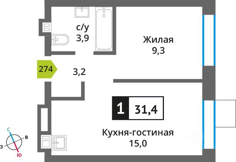 Квартира-студия, 31,4 м², в ЖК Никольский квартал Отрада