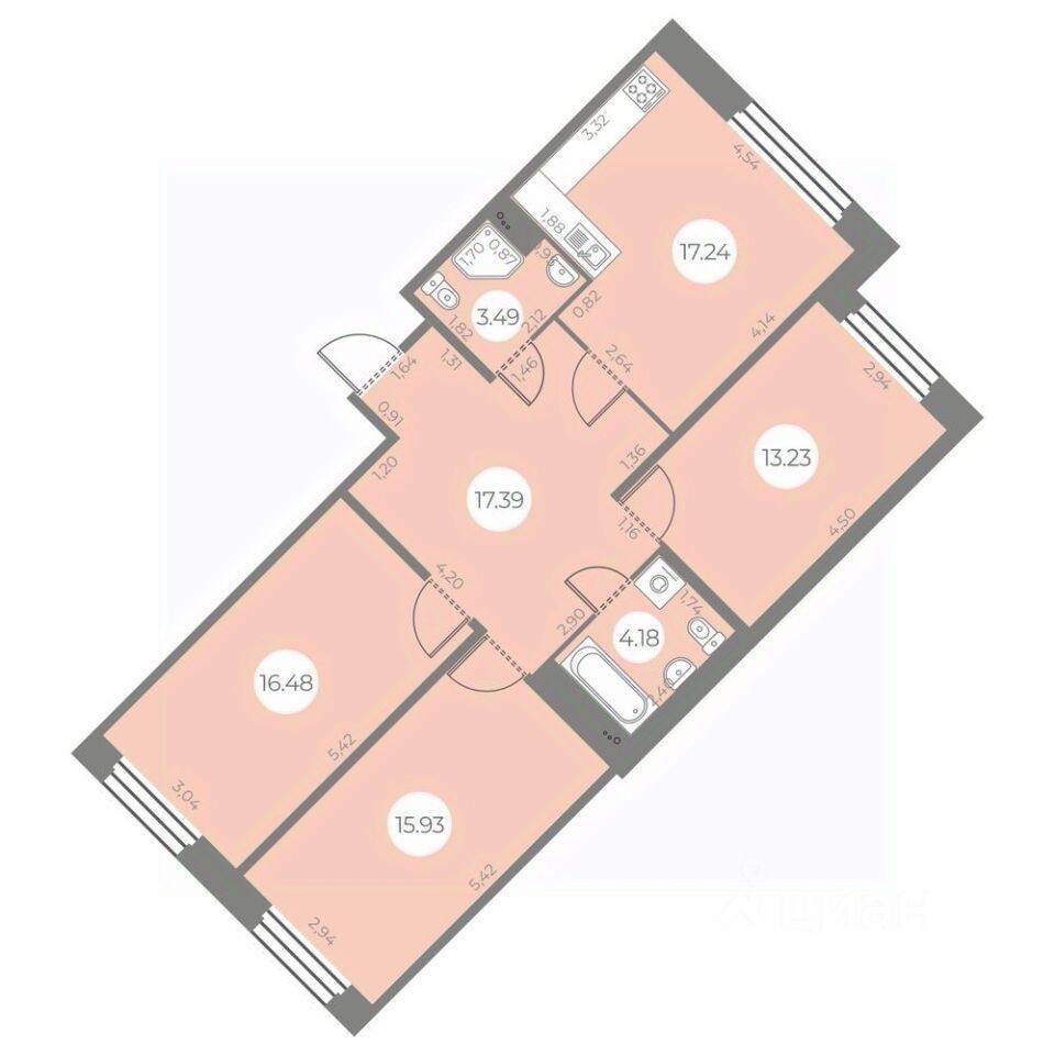 3-комн. квартира, 87,94 м², в ЖК «Огни Залива»