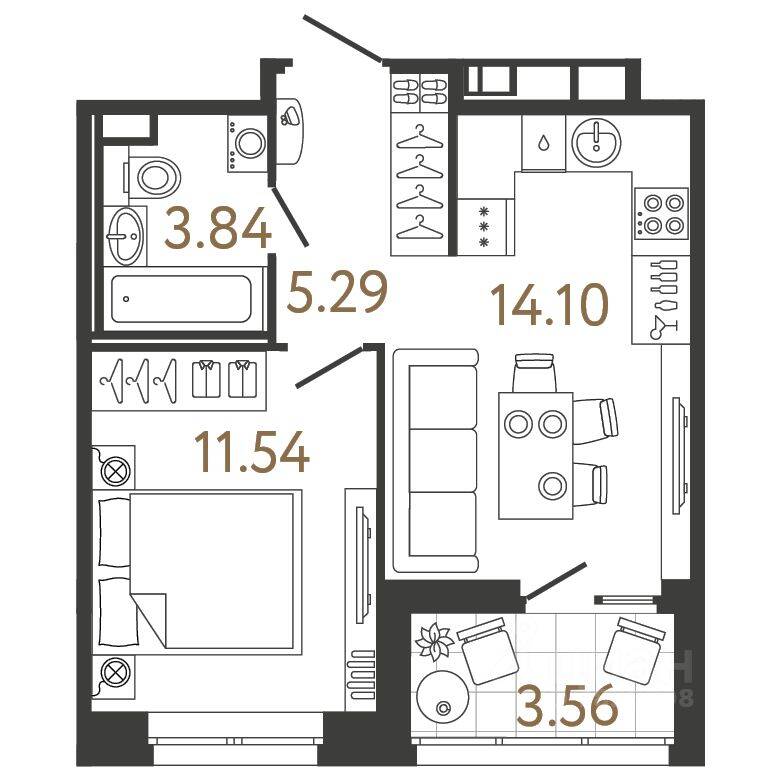 Планировка 1 комнатной квартиры, 34.77 м², в «Ультра Сити 3.0»