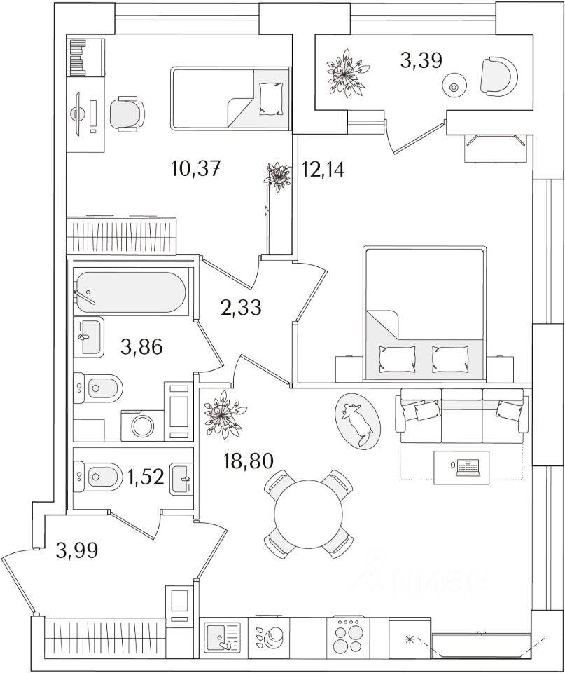 2-комн. квартира, 54,71 м², в ЖК «Аурум»