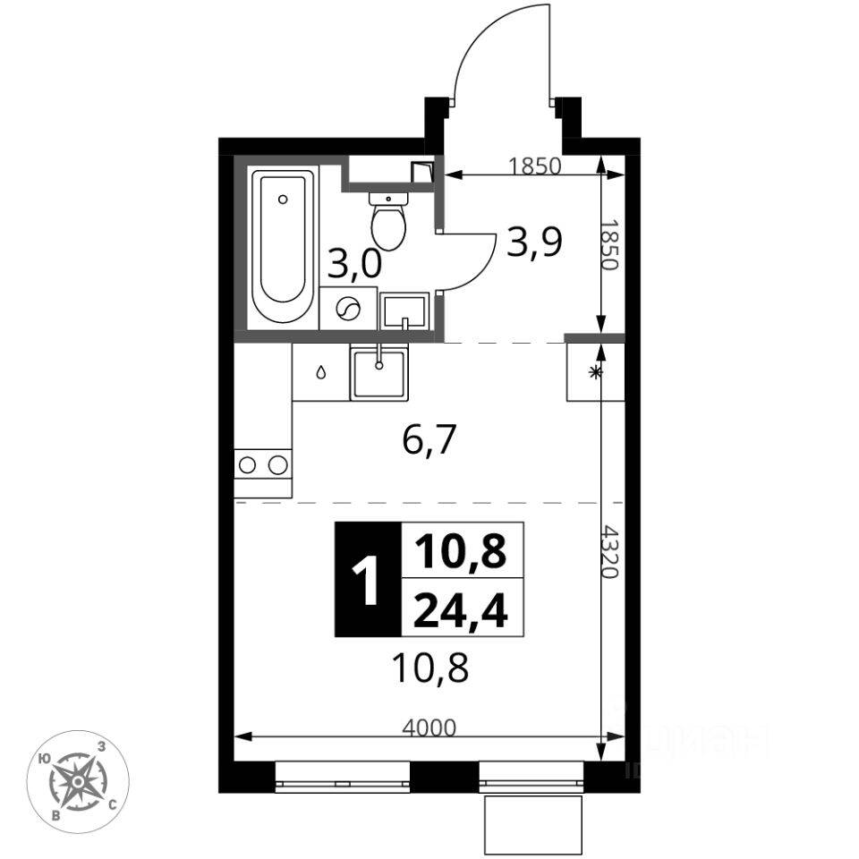 Квартира-студия, 24,4 м², в ЖК 1-й Донской