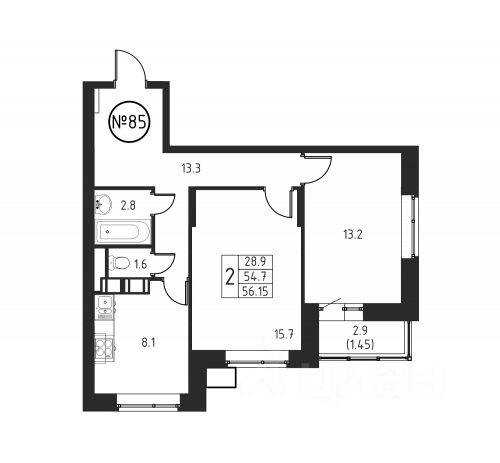 2-комн. квартира, 56,15 м², в ЖК Космос