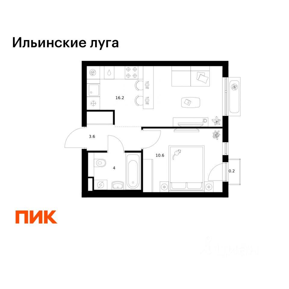 1-комн. квартира, 34,6 м², в ЖК «Ильинские луга»