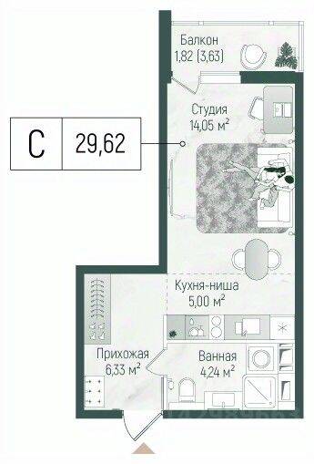 Планировка 1 комнатной квартиры, 31 м², в «Riga Hills»