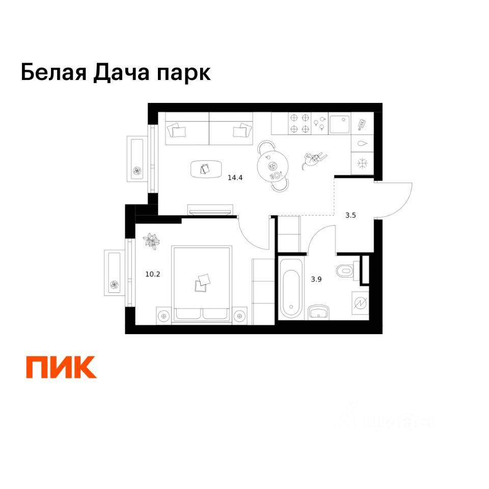 1-комн. квартира, 32 м², в ЖК «Белая Дача парк»