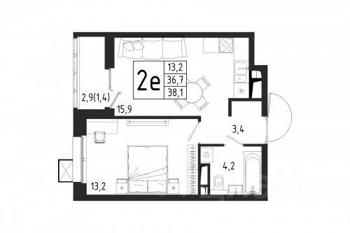 1-комн. квартира, 38,1 м², в ЖК «Берег»
