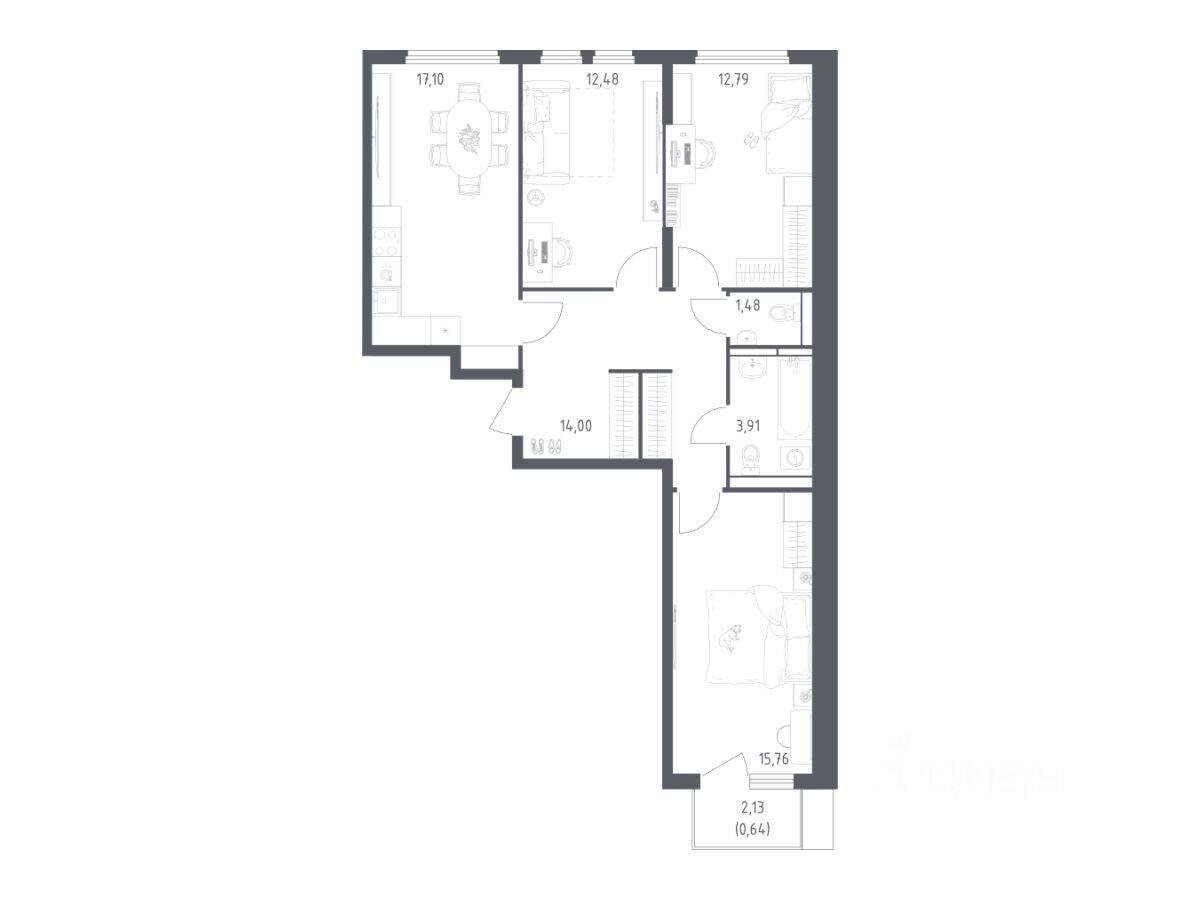 3-комн. квартира, 77,5 м², в ЖК «Остафьево»