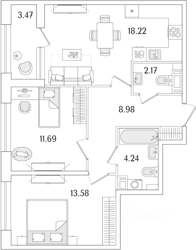 2-комн. квартира, 60,62 м², в ЖК «Аурум»