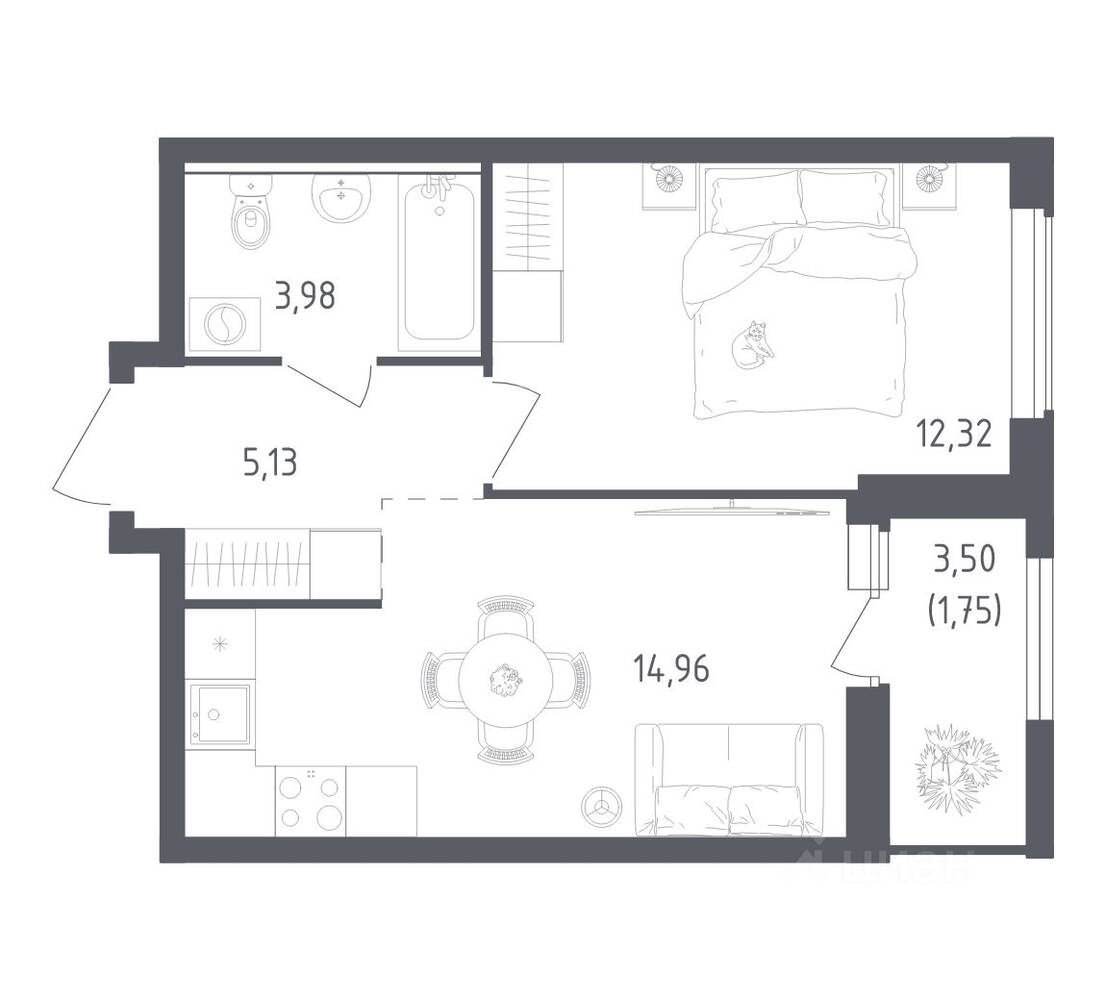 1-комн. квартира, 38,14 м², в ЖК Южная Нева