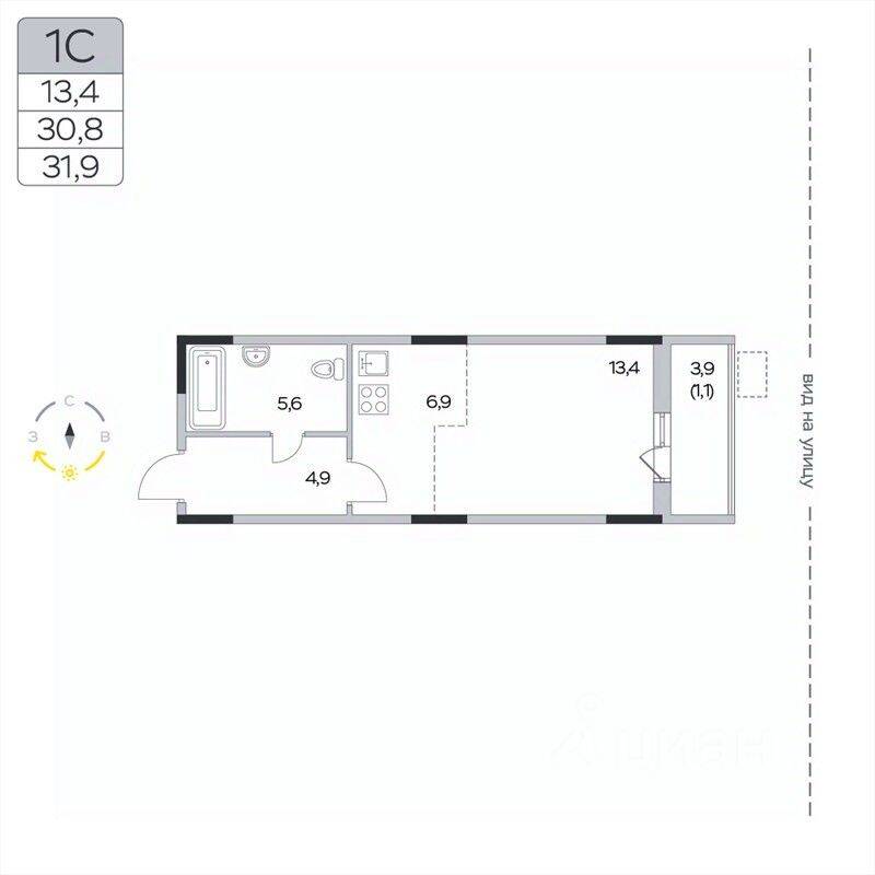 Квартира-студия, 31,9 м², в ЖК «Пироговская Ривьера»