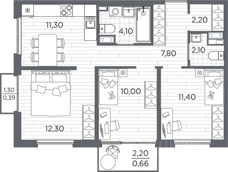 3-комн. квартира, 62,25 м², в ЖК Plus Пулковский
