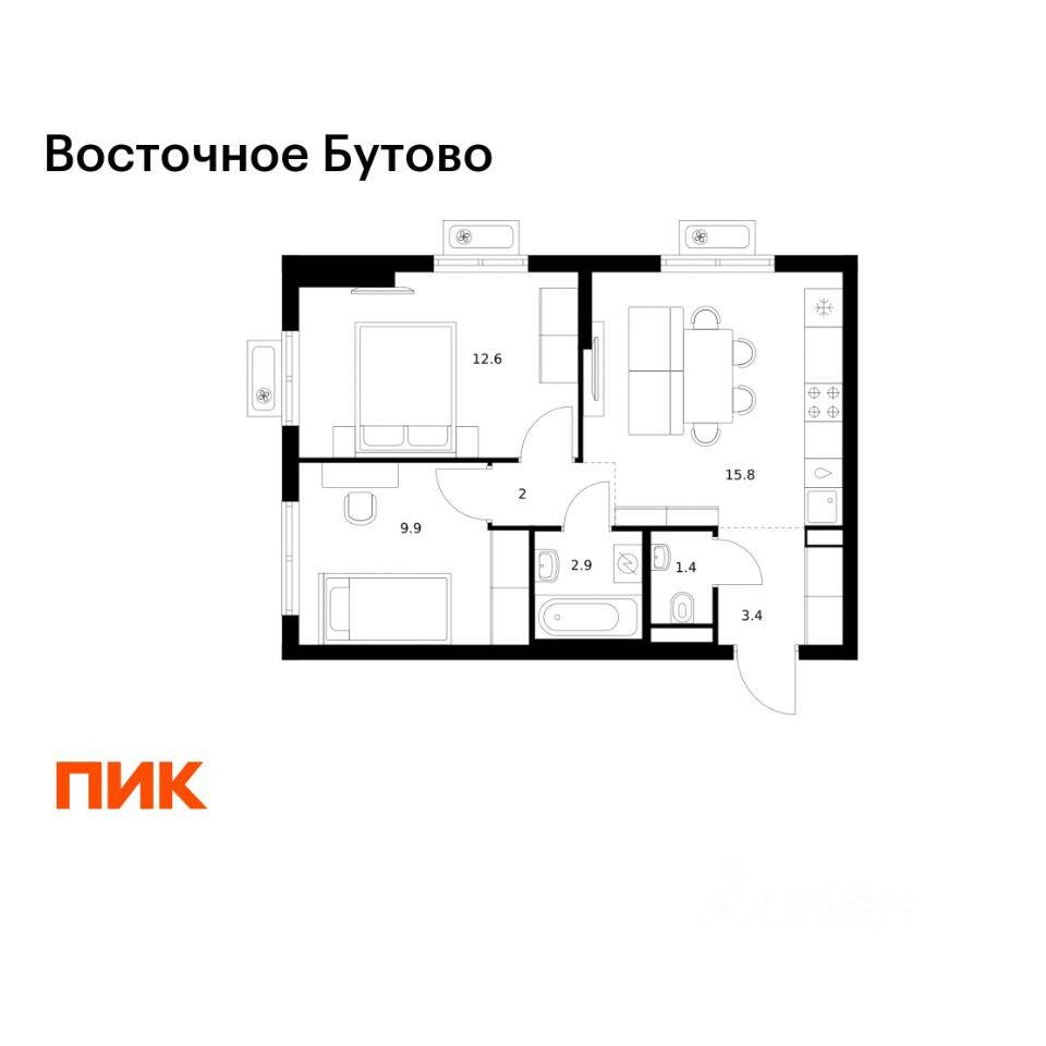 2-комн. квартира, 48 м², в ЖК «Восточное Бутово»