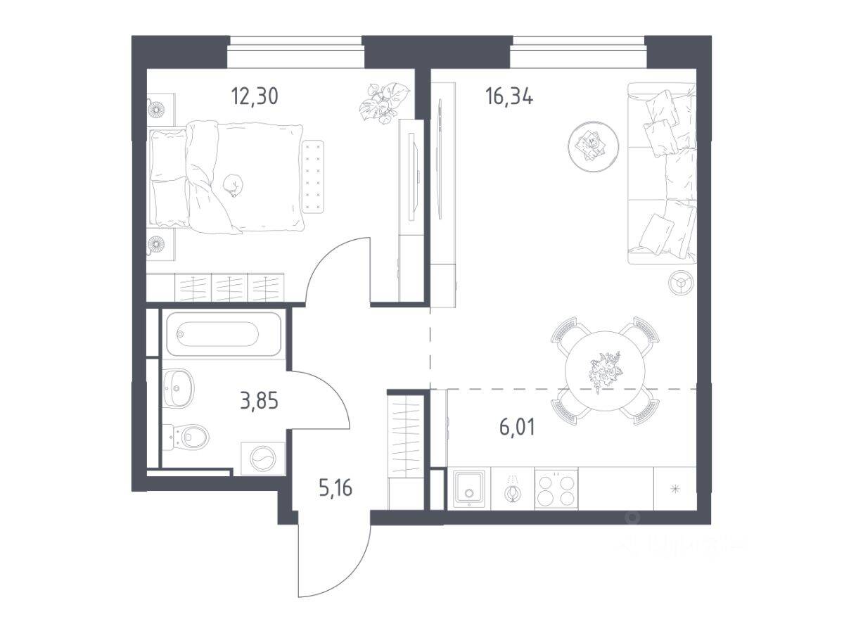1-комн. квартира, 43,66 м², в ЖК Богдановский Лес