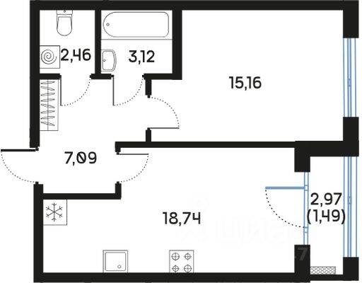 1-комн. квартира, 48,23 м², в ЖК Регенбоген