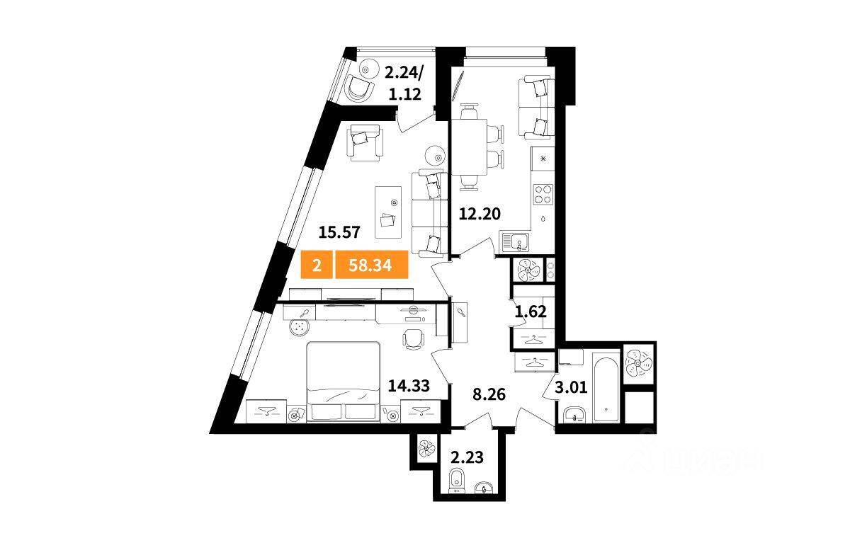 2-комн. квартира, 58,34 м², в ЖК Планерный квартал
