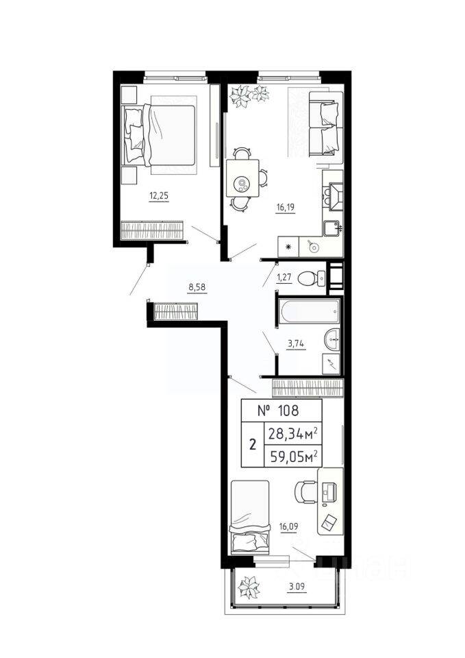 2-комн. квартира, 59,05 м², в Малоэтажный ЖК Аннино Сити