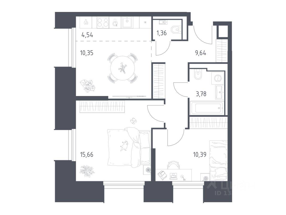 2-комн. квартира, 55,72 м², в Апарт-комплекс Sky Sputnik