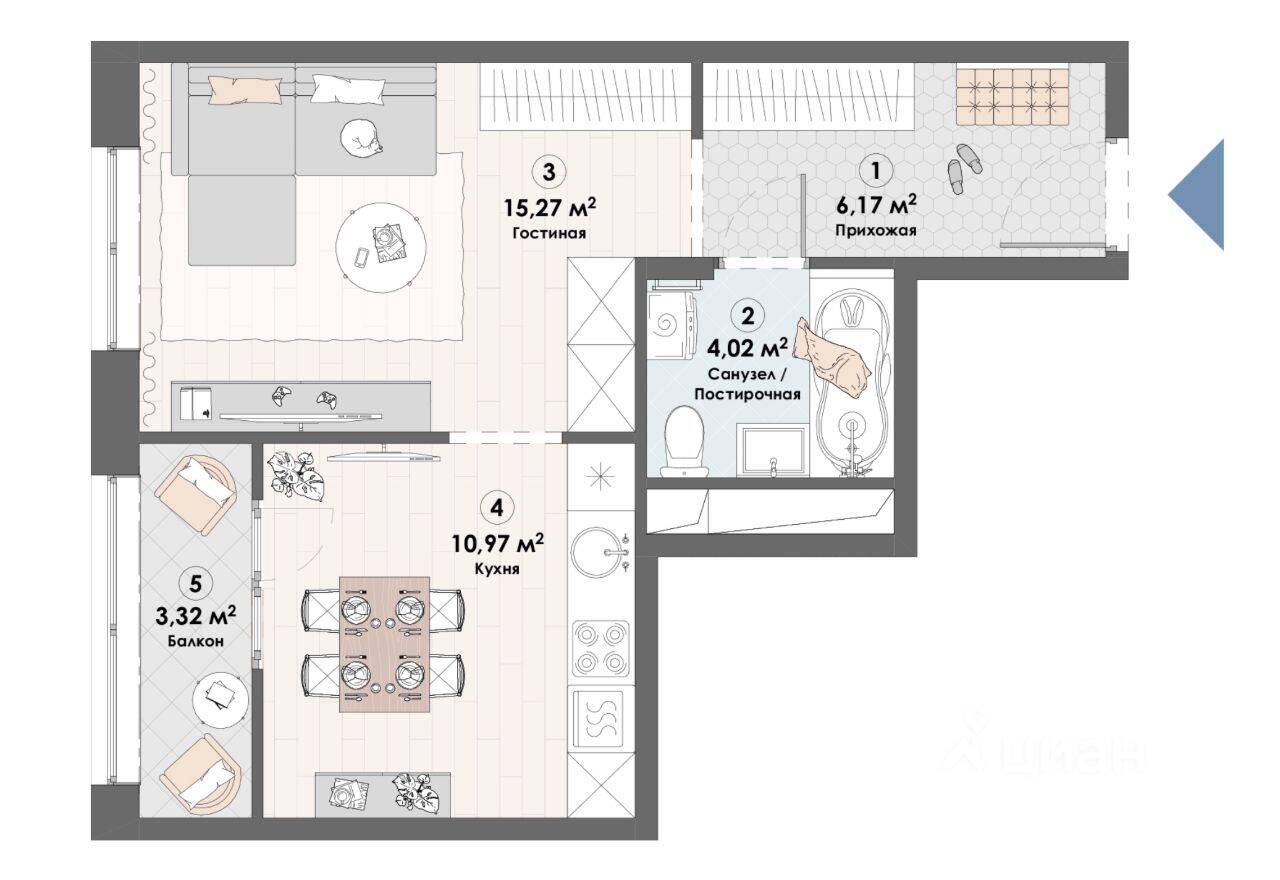 1-комн. квартира, 39,75 м², в ЖК «Триумф» (Пушкино)