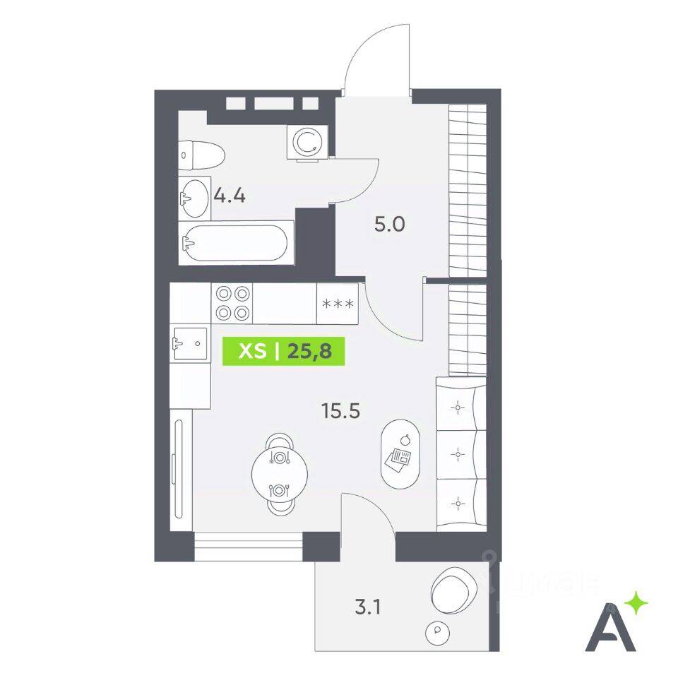 Планировка 1 комнатной квартиры, 25.8 м², в «Аквилон All in 3.0»