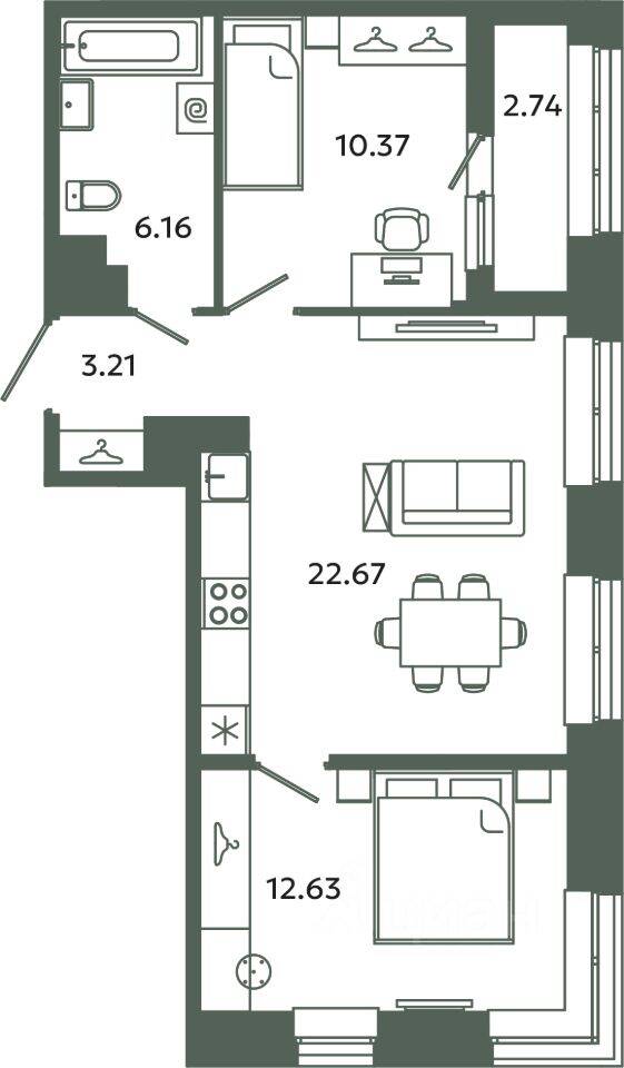 2-комн. квартира, 55,04 м², в ЖК Загляденье