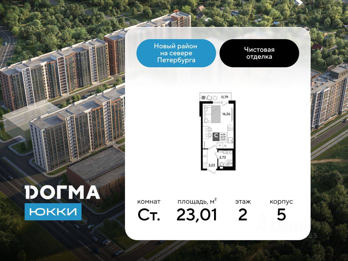 Планировка 1 комнатной квартиры, 23.01 м², в «DOGMA ЮККИ»