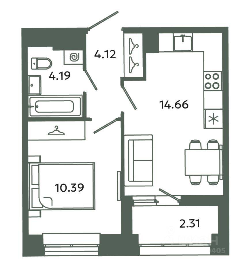 1-комн. квартира, 33,36 м², в ЖК Загляденье