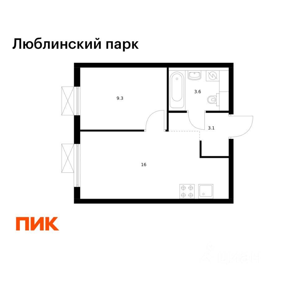 Планировка 1 комнатной квартиры, 32 м², в «Люблинский парк»