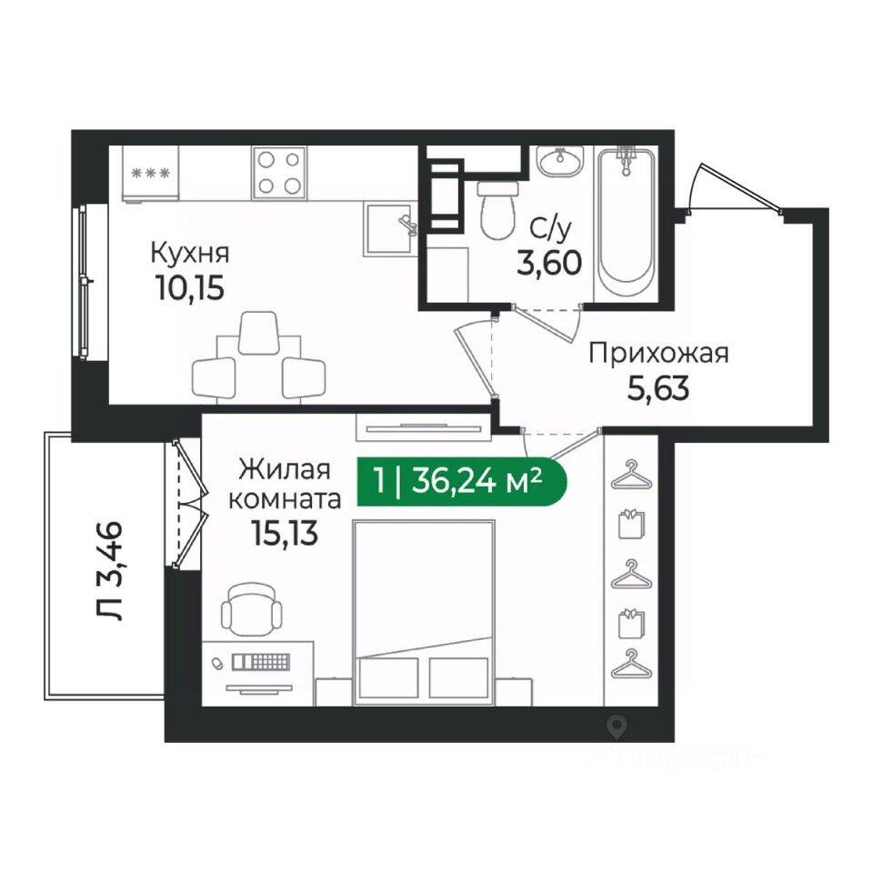 1-комн. квартира, 36,24 м², в ЖК Sertolovo Park