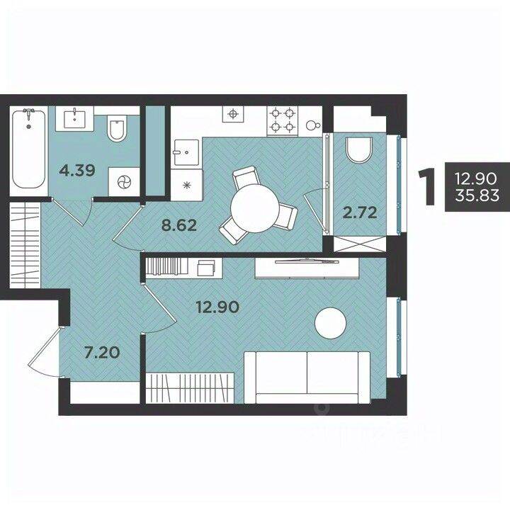 Планировка 1 комнатной квартиры, 35.83 м², в «Новокасимово»