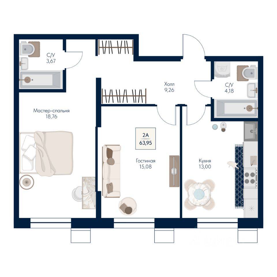 2-комн. квартира, 63,95 м², в ЖК Бархат