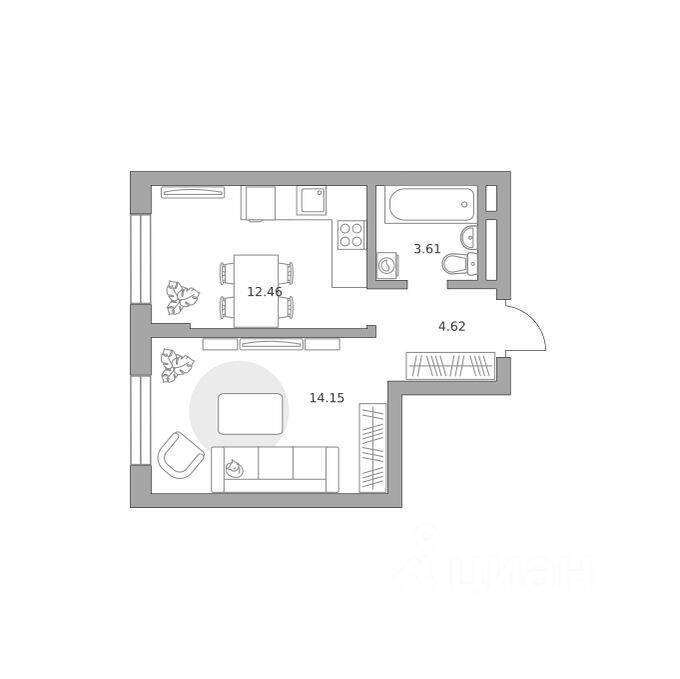 Планировка 1 комнатной квартиры, 34.84 м², в «Живописный»