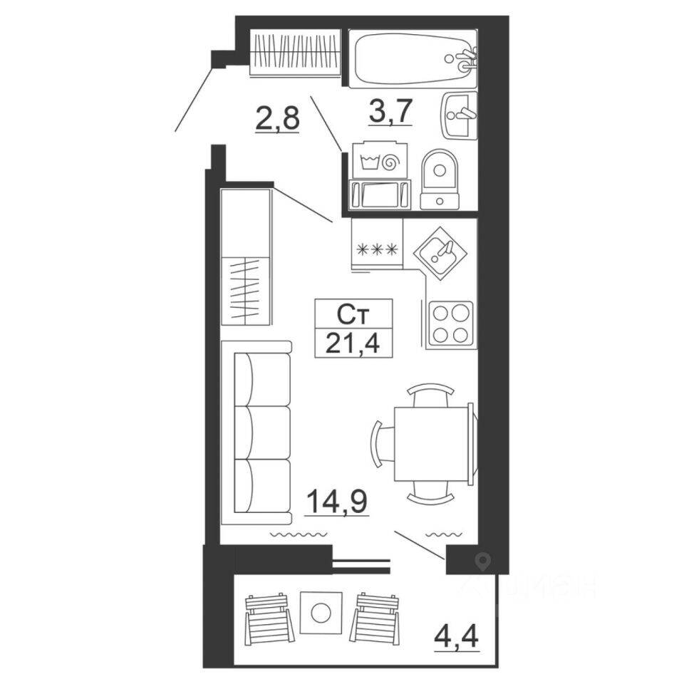 Квартира-студия, 21,4 м², в ЖК Рубеж