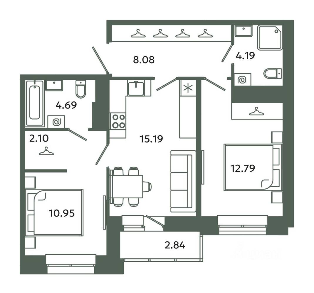 2-комн. квартира, 57,99 м², в ЖК Загляденье