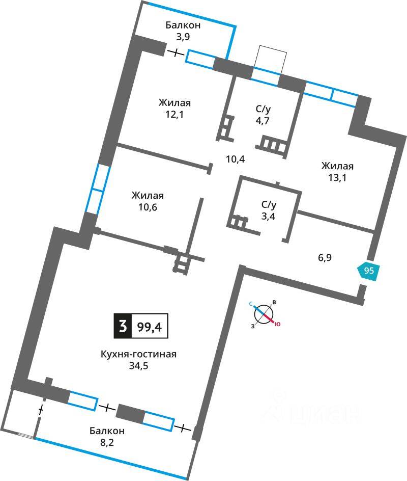 3-комн. квартира, 99,4 м², в ЖК Отрада на реке
