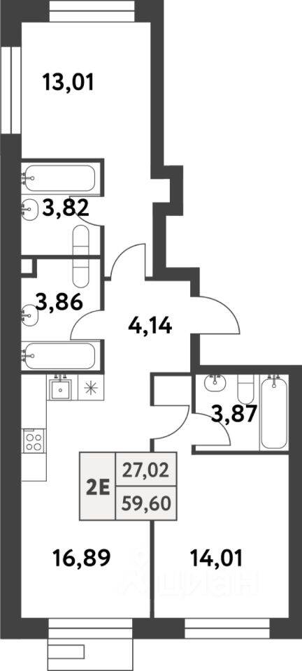 Планировка 2 комнатной квартиры, 59.6 м², в «Smart Garden»