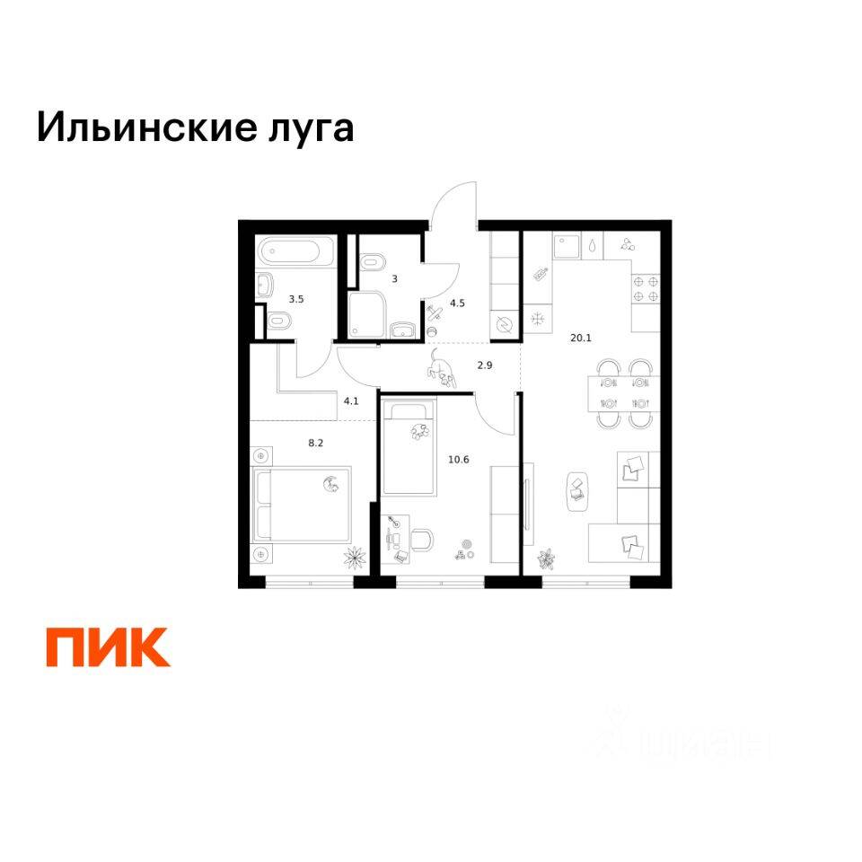 2-комн. квартира, 56,9 м², в ЖК «Ильинские луга»